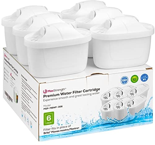 Max Strength Pro Water Filter Cartridges 6pc Set, All-in-1, Fits Brita® Maxtra+® Plus, Maxtra Pro®, Kettle & XL Jugs, 6 Month Supply, BPA Free, Compatible with Mavea, Elemaris, Marella, Aluna Cool