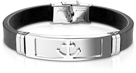 Bungsa Armband silberner Anker aus Silikon schwarz - mit silberner Edelstahlplatte & Klickverschluss - Herren-Armband für Männer