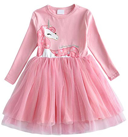 DXTON Le Ragazze Vestono Abiti da Festa Casual a Maniche Lunghe in Tulle con Principessa Unicorno RosaLh4570 4T