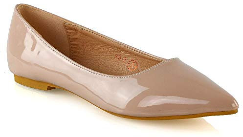 ESSEX GLAM Women's Flat Slip On Pumps Ladies Pointed Toe Ballet Work Shoes Size 3-8 Nude Patent