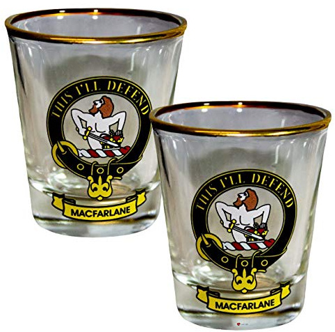 I LUV LTD Shot Glass Wee Dram MacFarlane Clan Crest Set of 2 Whisky Tots
