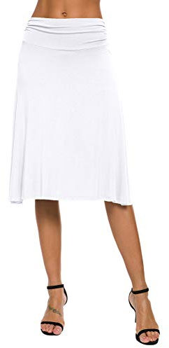 EXCHIC Damen Sommer Hohe Taille A-Linie Knielang Rock Elegant Elastisch Midi Yoga Röcke (M, Weiß)