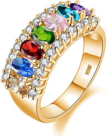 Uloveido Damen Goldbeschichteter Oval geschliffener Zirkonia 7-Steine Ehering, Simulierter Diamantring J501 (Gold, Regenbogen, Größe 16.5)