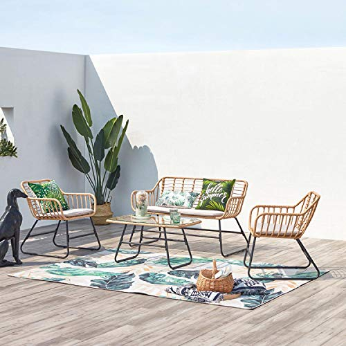 CONCEPT USINE | Salon de Jardin | Ensemble 4 Places Rotin Naturel : 2 Fauteuils + 1 Canapé + Table Rectangulaire Plateau Verre trempé + 3 Coussins | Parea Beige| Intérieur Extérieur | Résiste à l'eau