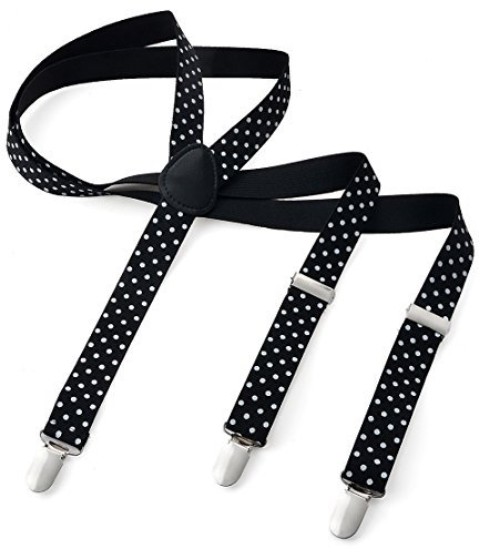 Herren Damen Long Hosenträger Y Form Style 3er Clips elastisch Schmal Unifarbe und Bunt mit verschiedenen Motiv (XXS, Schwarz Punkt)