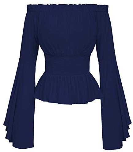 Blouse Shirt Tops Women Vintage Ruffle Off Shoulder Corset Flare Sleeve - Yellow - 14