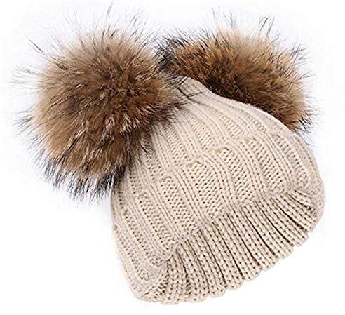 feifanshop Damen Winter Strickmütze Beanie mit Doppel Kunstfell Pom Ohren Weihnachten Gr. Einheitsgröße, beige