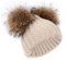 feifanshop Damen Winter Strickmütze Beanie mit Doppel Kunstfell Pom Ohren Weihnachten Gr. Einheitsgröße, beige