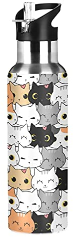 Vnurnrn Mignon Bébé Cadeau Chat Chaton Bouteille d'eau Isotherme avec Paille en Acier Inoxydable Gourde 600ML, Sans Bpa Gourdes Eau pour Enfant Sport Randonnée École Bureau