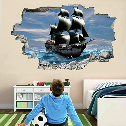 Segelboot 3D Wandtattoo Durchbruch Wanddeko Landschaft Wanddurchbruch sticker selbstklebend Wandbild Wandsticker Ozean Wohnzimmer Wanddeko Wandaufkleber für Kinderzimmer Junge Mädchen Teenager Zimmer