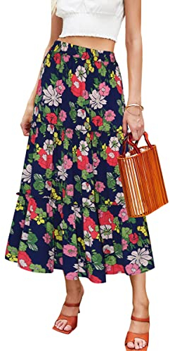 Hibluco Damen Röcke Bohemian Blumen Röcke Elastische Taille Midi Röcke