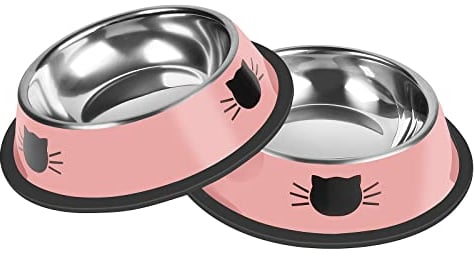 Serentive 2Pcs Cat Bowls Non-Slip Stainless Steel Small Cat Food Bowls Unbreakable Thicken Cat Feeder 7 Oz Cat Dishes Suitable for Indoor Small Pets Removable Rubber Base Easily Clean Lovely Color