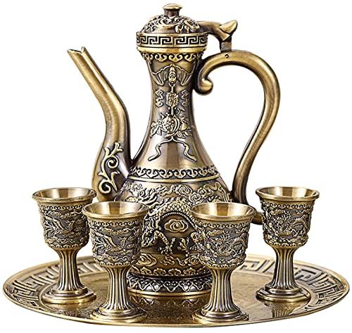 Vintage Turkish Coffee Pot and Cups Set,Teapot Tea Service Set Including 4 Metal Cups and Tea Tray for Tea Table Decor,Wedding Ornament (Bronze)