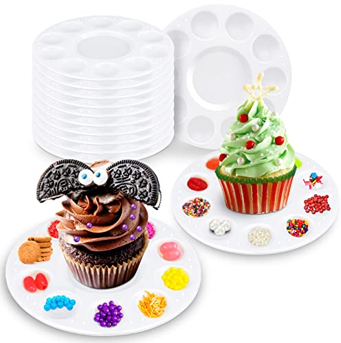 AIERSA Cupcake Decorating Plates for Kids Party, Kids Cupcake Holder Decorating Tray with 10 Wells for Dessert Sprinkles, Birthday Party Supplies (Set of 10)