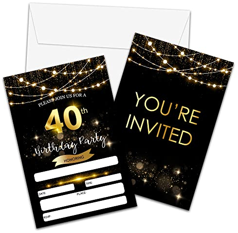 Einladungen zum 40. Geburtstag mit Umschlägen, schwarz-goldener Glitzer-Einladungskarten, Überraschungseinladungskarte für Sie und Ihn, für Erwachsene, Geburtstagsgeschenke, Dekorationen, 20 Stück