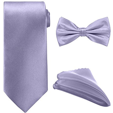 WedDecor Men's Solid Neck Tie, Bow Tie & Handkerchief Set For Wedding Party, Casual Classic Ties & Pocket Square Handkerchief Hanky Sets Gifts Necktie for Men, Lilac Purple
