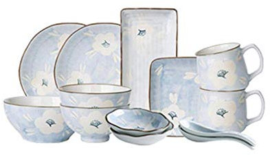 Set di Piatti/Piatto/Ciotola, 13 Pezzi per 2 Persone Set da Tavola in Ceramica con Fiore Blu Dipinto a Mano Vintage Piatto in Porcellana Ciotola Tazza