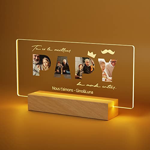Giftove Idee Cadeau Papy Original - Lampe Cadre Photo en Verre Personnalisé - pour Fete des Grand Pere, Papi de Noel Anniversaire