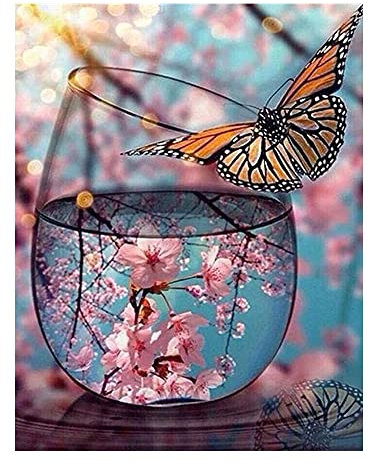 DCIDBEI Diamond Painting Japanische Kirsche Cicegi 40x50cm Kirschbaum Malerei Diamond Painting Kirschblüten in Glas Diamant Stickerei Blumen Schmetterling Perlenbilder Erwachsene Schmetterling