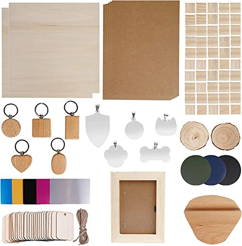 KoveYzao Verbrauchsmaterial-Set für Laser-Schneiden und Laser-Gravieren, mit Sperrholz, Kraftpapier, Edelstahl-Tags, Holz-Tags und Seilen, Aluminium-Platten und Schlüsselanhängern.