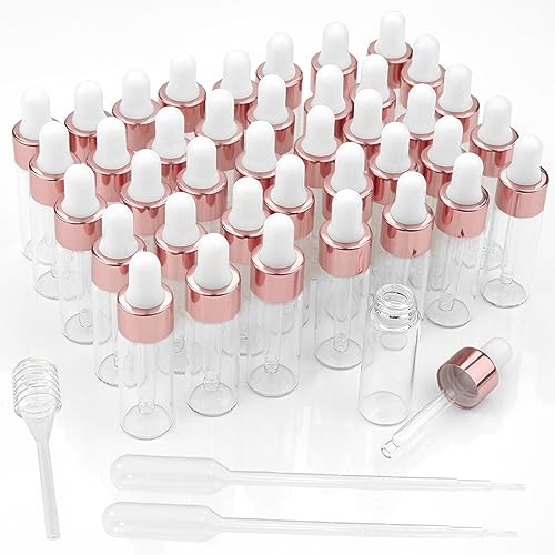 PuretéavHom Mini Pipettenflasche 40 Stk Tropfflasche Glasflasche mit Pipette 5 ml Transparente Dropper Bottle Kleine Fläschchen für Ätherisches Öl, Aromatherapie, Massage, Nagelpflegeöl (Rose Gold)