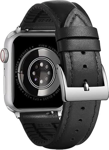 BINLUN Cinturino in Pelle Silicone Compatibile con Apple Watch 38mm 40mm 41mm 42mm Microperforazioni Pelle e Gomma Ibridi Cinturini Adatto per iWatch Uomo Donna(Fibbia Argento,Nero)