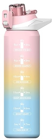 Mi Ko Mi Ka Botella de Agua Deportiva de 1 Litro | Sin BPA | Boquilla para Deporte de Varios Tipos | Opción Con Texto Motivacional (Rosa-Azul)