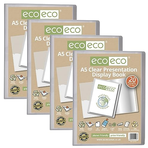 eco-eco Lot de 4 porte-vues transparents avec pochettes en plastique Format A5 50% recyclé 20 pochettes