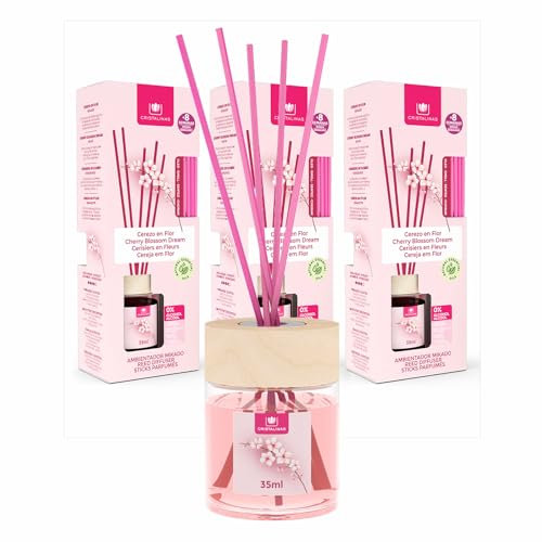 Cristalinas 35ml Cherry Blossom Air Fresheners for Home - Reed Diffusers for home - Home Fragrance Lasts upto 8 weeks - Room Diffuser Sticks with Coloured Fragrance Oil - Pack of 3