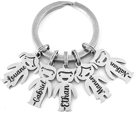 Porte clé en acier inoxydable miroir avec breloques personnages enfants, idéal cadeau papa maman mamie papi nounou fete des meres fete des peres anniversaire