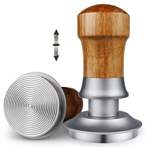 ceelatti Tamper 51mm, 30lbs Druckregulierend Calibrated Espresso Tamper, Federbelastet Anpressdruck Kaffee Tamper für DeLonghi 51mm Siebträger, Walnuss Holzgriff, 304 Edelstahl Basis, Silber