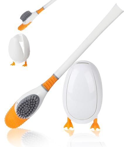 Minicoco Cute Diving Duck Toilet Brush 360° Bendable Brush Head Bathroom Cleaning Tool Vertical and Seat Set Wall Mountable Toilet Brush Bathroom Accessories (White)