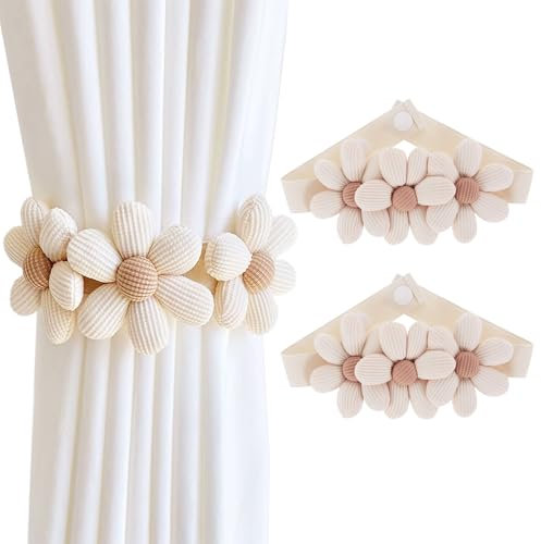 GmwyCzV 2 Stück Blumen Vorhang Raffhalter, Beige Elastische Raffhalter Dekorative Vorhang, Seil Vorhangschnallen mit Verstellbaren Riemen, Vorhangbinder für Haus, Büro, Wohnzimmer, Fenster Dekoration