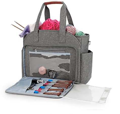 Horsande Handarbeitstasche für Stricken, Stricktasche Aufbewahrung, Aufbewahrungstasche für Wolle, Strickkorb für Häkel Zubehör, Garn Aufbewahrung Tasche für Stricken Zubehör, Grau