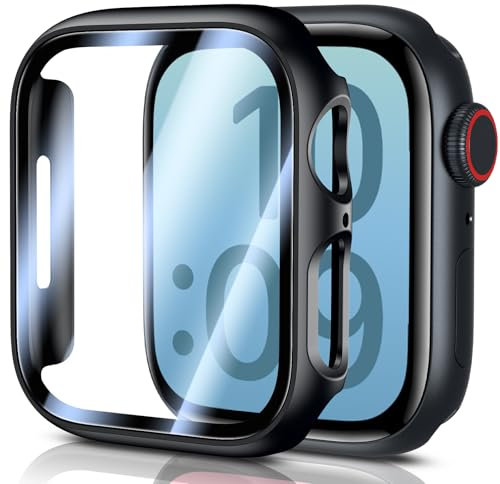 UniqueMe for Apple Watch Case Series 9/8/7 45mm - 2 Pack Hard Cover with Tempered Glass Screen Protector [Touch Sensitive] HD Clear Shockproof [Scratch-Resistant] for iWatch 45mm-Black
