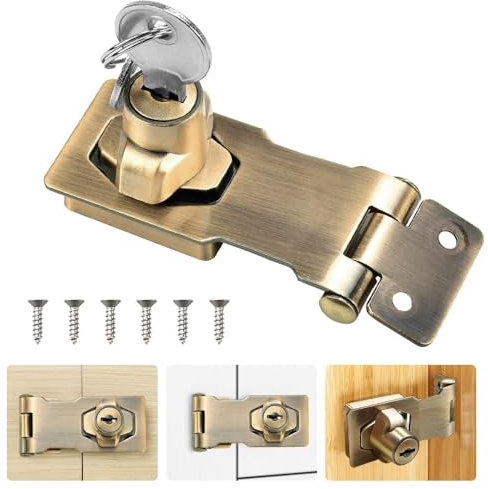 TOP-VIGOR 3 Inch Keyed Hasp Lock, Heavy Duty Door Hasp and Staple with Padlock & Keys, Twist-Knob Safety Clasp for Cupboard, Cabinet, Drawer, Shed & Gate, Vintage Bronze