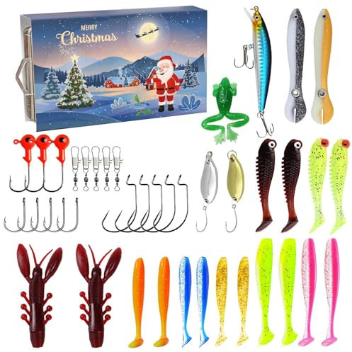 Angel Weihnachts Adventskalender 2024, Angel Köder Weihnachtskalender Männer, Adventskalender Angelköder Angelset, Überraschungsköder Countdown-Angelgerät-Set für Vater, Opa