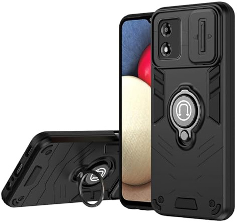 BORYA Hülle für Motorola Moto E13, Stoßfest Ultra Dünn PC + TPU Handyhülle, Kratzfest Silikon Schutzhülle mit Metall Magnetisch Ständer Und Objektivschieber Cover. Schwarz