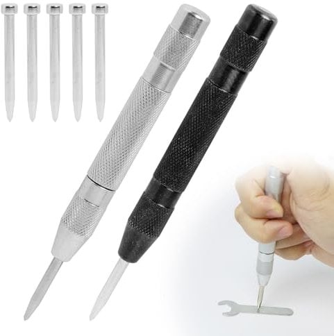 FunWorth Punzone Centrale Automatico per Metallo - Set di 2 Punzoni a Molla con 5 Punte di Ricambio - Strumento di Perforazione per Metallo, Legno, Plastica e Vetro