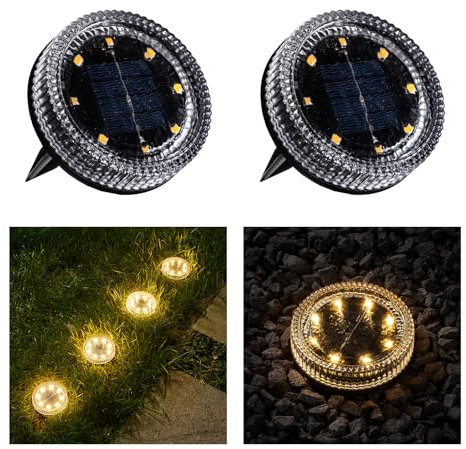 OPOIRA Glass Solar Ground Lights with Crystal Style, Modular-Design Waterproof In-Ground Light for Patio Pathway Lawn Yard Deck Walkway, Decorative Disk Lighting for Garden Bed, Warm White (2 Pack)