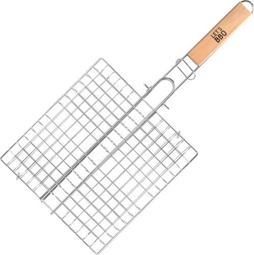 Fusion Food Grill Basket Stainless Steel Barbeque Grill Basket Mesh Non Stick With Ergonomic Detachable Wooden Handle Ring Lock Heat Resistance Grill For Outdoor Camping Travel (25x52cm-Square)