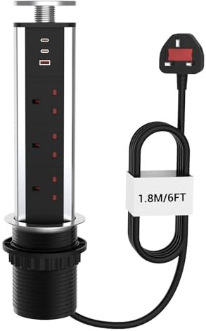 ZYMY Pop Up Sockets with 3 USB Ports(2 USB C and 1 USB-A), Desk Power Strip Socket with 1.8M Extension Cable for Home, Kitchen Worktops, Office - Silver