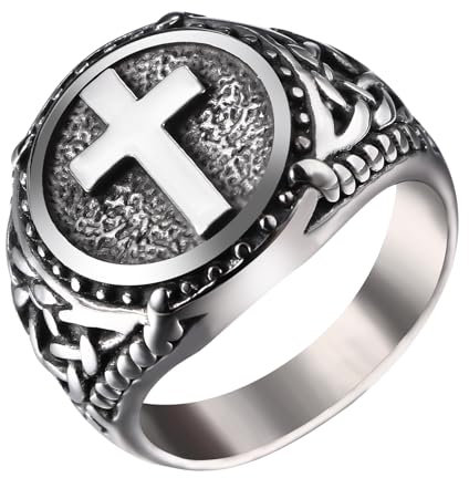 Flongo Keltische Kreuz Ring Herren: Silber Siegelring Keltischer Kruzifix Stempelring religiöse christlich Bandring Amulett Edelstahl Vintage Punk Biker Vatertag Männer Geschenk Ringgröße 65