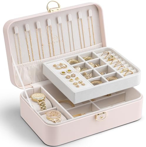 Vlando Schmuckkästchen Mädchen Damen, Doppelschicht Schmuckschatulle mit 2 Uhrenkissen, Abschließbare Schmuckaufbewahrung, Schmuckkasten Box für Ringe Ohrringe Armbänder Halsketten, Rosa