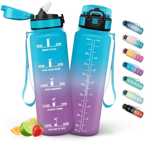 HoneyHolly Trinkflasche 1L mit Strohhalm, Trinkflasche Kohlensäure Geeignet, Wasserflasche Sport mit Zeitmarkierungen, Auslaufsichere und BPA-frei, Wasserflasche Frost & Himmel