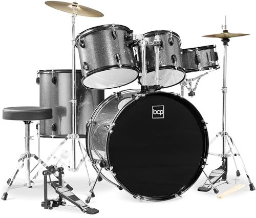 Best Choice Products 5-Piece Full Size Complete Adult Drum Set w/Cymbal Stands, Stool, Drum Pedal, Sticks, Floor Tom - Silver Sparkle