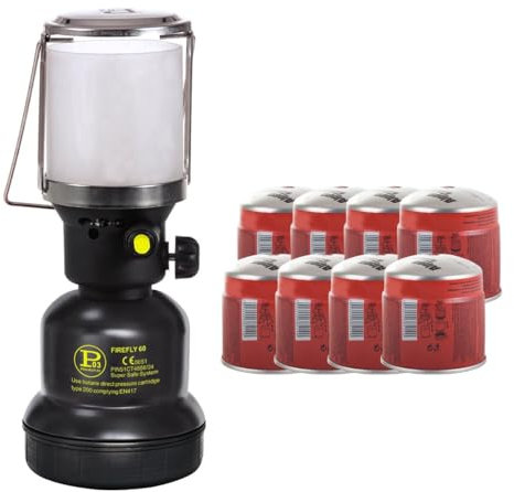 INTEC - Gaslampe 1100 W + 8 Butangaskartuschen 190 g – Piezo-Zündung, Metallgehäuse – Campinglampe für den Außenbereich