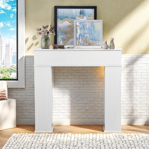 CDQL Estantería para chimenea en blanco, 107 x 18 x 100,5 cm, marco de madera móvil, repisa de chimenea delgada con espacio de almacenamiento
