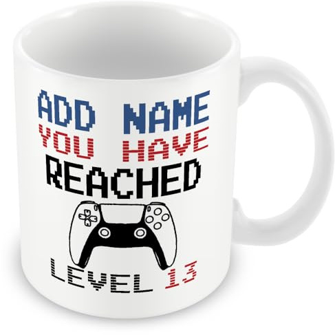 MUGGZ -13th Birthday Personalised Gamer Mug (11oz) PS5 Style - You Have Reached Level Custom LevelUp Mug Gift for Boy/Girl - Add Any Name - Novelty Video Game Controller Design Gifts for Him or Her