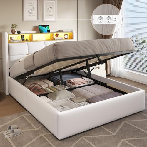 DICTAC Lit Coffre 140x190 avec Lumières LED et Prise Cadre de Lit 140x190 avec Sommier et Rangement,lit 2 Personnes 140 x 190 avec Tete de Lits,Lits Rembourré en Lin pour Adulte,Blanc-sans Matelas